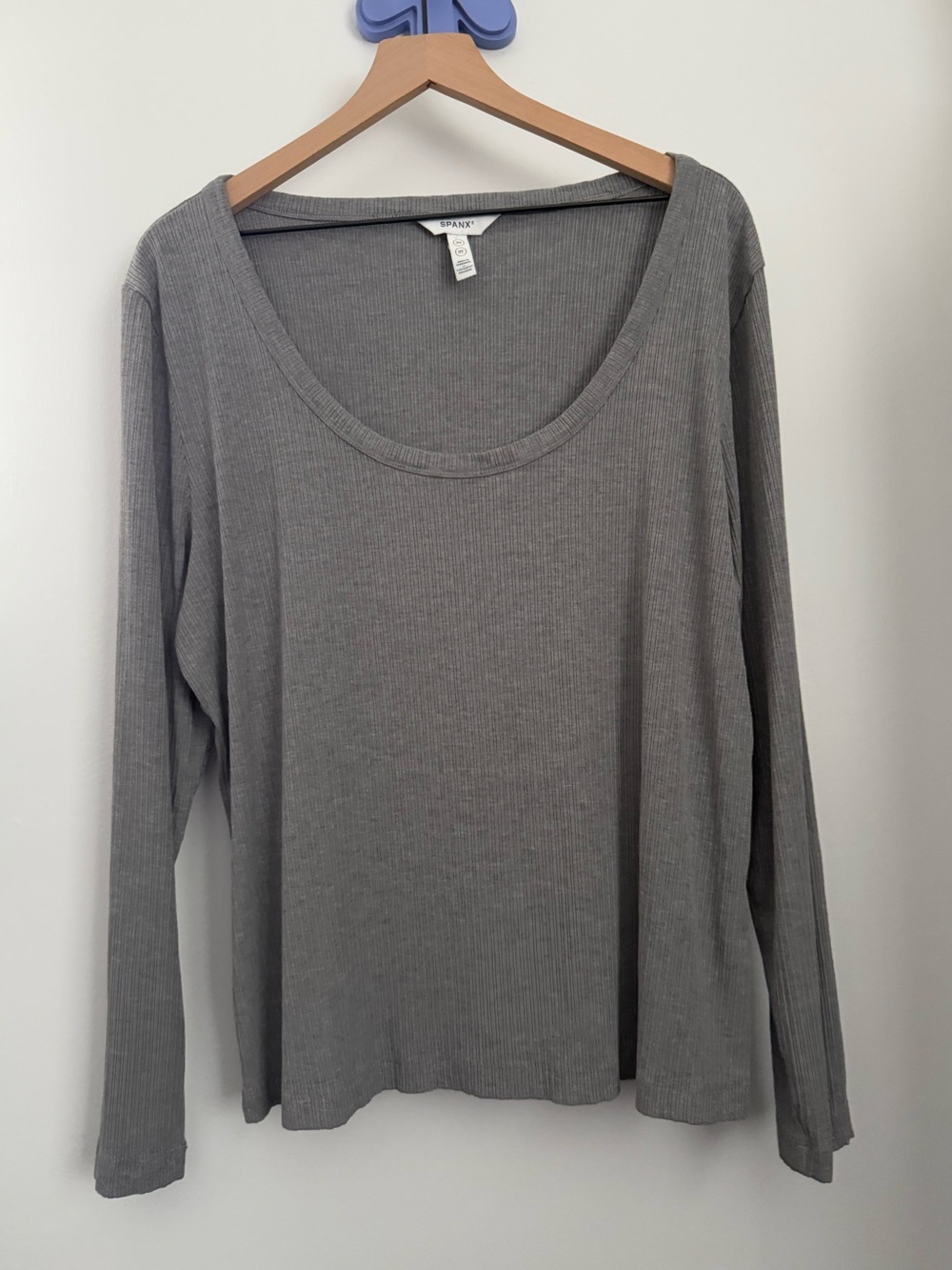 Spanx 3X Rib Long Sleeve Tee Grey Scoop Neck Minimal Office Work